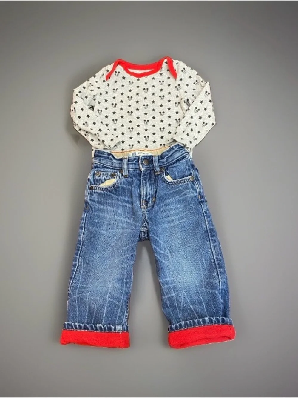 Baby Gap Fleece Lined Vntg Jeans & Mickey Mouse Long Sleeve Bodysuit 18-24 Mos